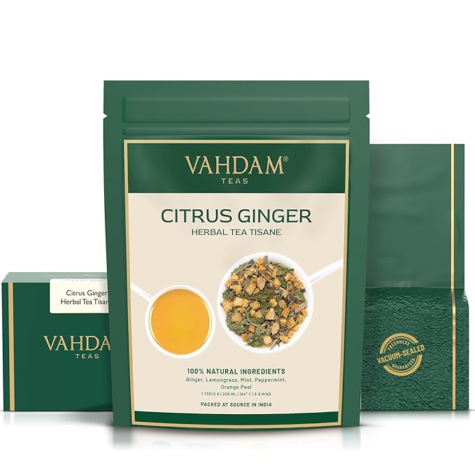 VAHDAM, Citrus Ginger Herbal Tea Tisane (50 Cups, 3.53 oz) Gluten Free, Non GMO | Ginger, Lemongrass, Orange Peels, Mint | Herbal Tea Loose Leaf | Vacuum Sealed Pack - Bloomnest