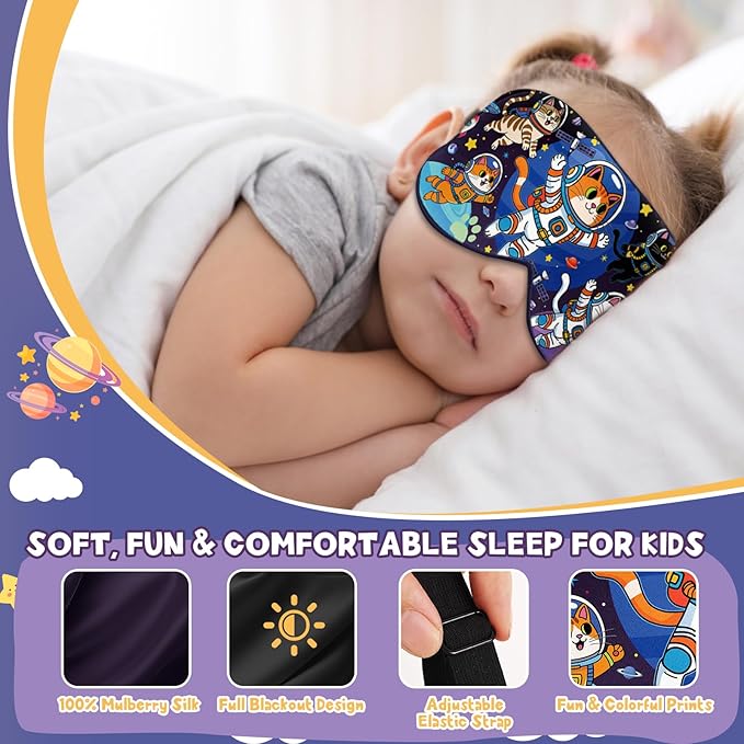 Silk Kids Sleep Mask: 100% Mulberry Silk Eye Mask, Sleeping Masks with Adjustable Strap, Soft & Light-Blocking Printed Kid Eye Cover for Boys Girls Teens Aged 5-15 (Space Cat Theme) - Bloomnest