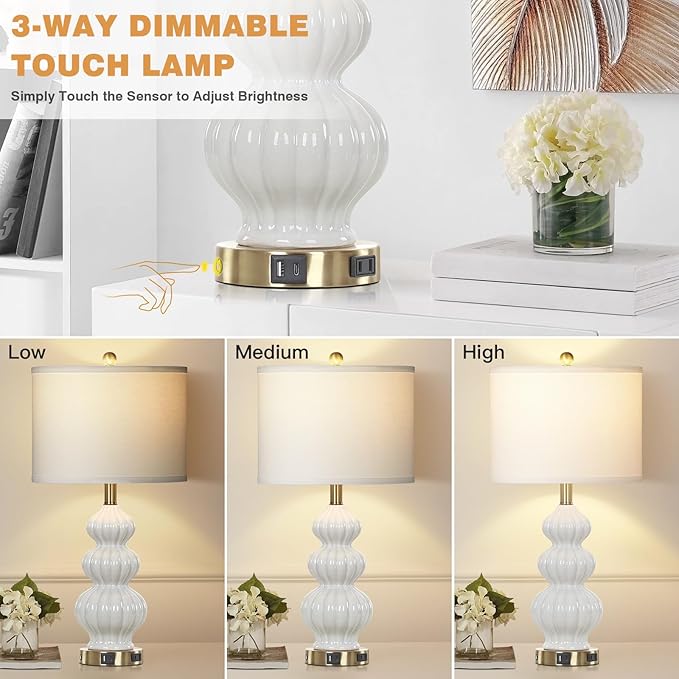 Modern White Table Lamps Set of 2 - Bedside Lamps for Night Stands, 26" Triple Gourd Ceramic Lamps for Living Room with USB A+C Ports & AC Outlet,3 Way Touch Lamps for Bedroom (LED Bulbs Included) - Bloomnest