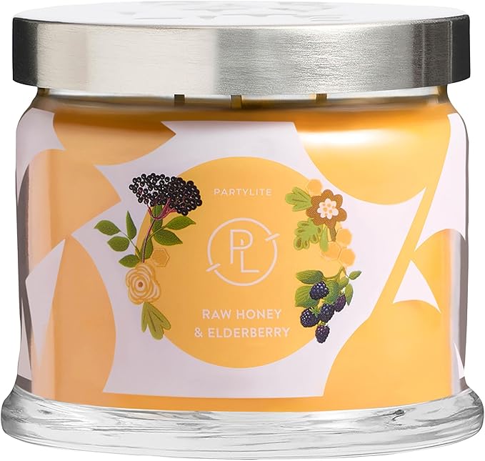 PartyLite Raw Honey & Elderberry Scented, Notes of Alpine Elderflower, Soft Jasmine & Golden Amber, 13.2oz 3-Wick Jar Candle, 45 Hour Burn Time, Luxurious Fragrance, Ideal for Gifting - Bloomnest