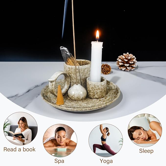 5.1Inch 5-in-1 Ceramic Smudge Bowl Brown - Incense Stick Holder, Small Candle Holder, Smudge Bowl/Dish, Fits Palo Santo, Sage.Zen Altar for Meditation/Yoga, Aromatic Scents, Easy to Clean - Bloomnest