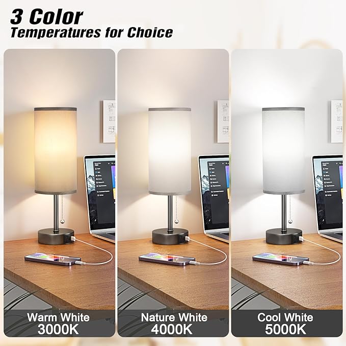 Grey Bedside Lamp for Bedroom Nightstand - Small Table Lamp with USB A + C Charging Port, 3 Color Temperatures Pull Chain Night Stand Light, Side Table Desk Reading Lamp for Living Room/Study Room - Bloomnest
