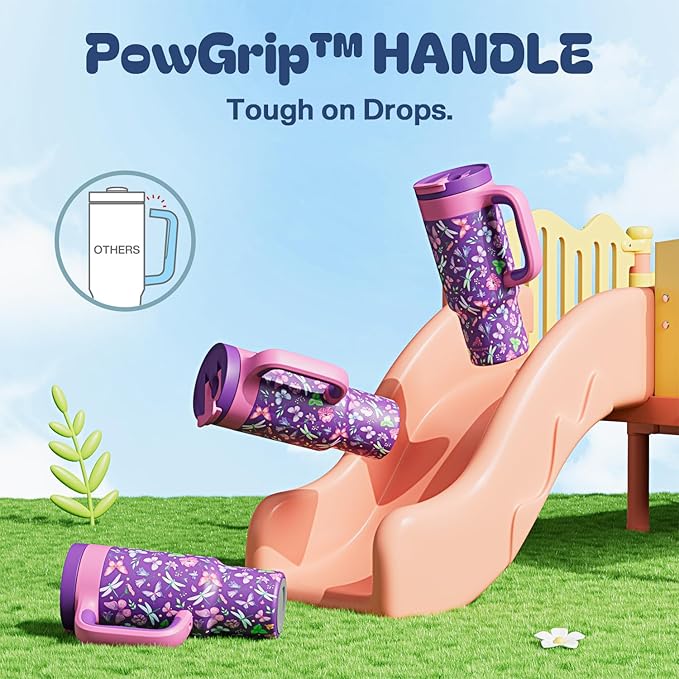 24 oz Insulated Tumbler for Kids: Spill-Proof, 2-in-1 Straw Lid, Cold for 26 Hrs, Stainless Steel Cup with Handle for School, Camping, Gift, Daily, Outdoor, Trip, Travel, Vacation (Butterfly Field) - Bloomnest