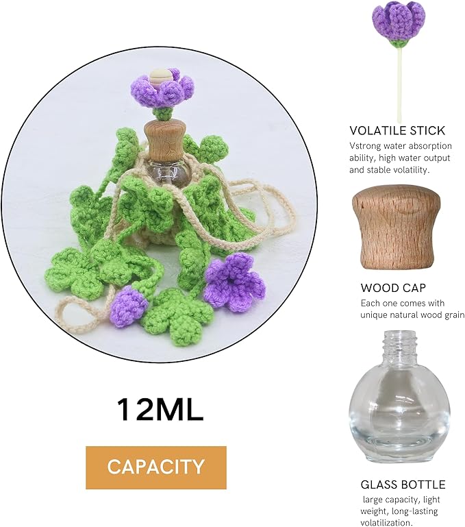 Handmade Crochet Hanging Car Air Freshener - Lucky 4-Leaf Clover Charm with 12ml Refillable Glass Essential Oil Diffuser Bottle, St. Patrick's Day Car Accessories & Bedroom Lucky Decor - Bloomnest