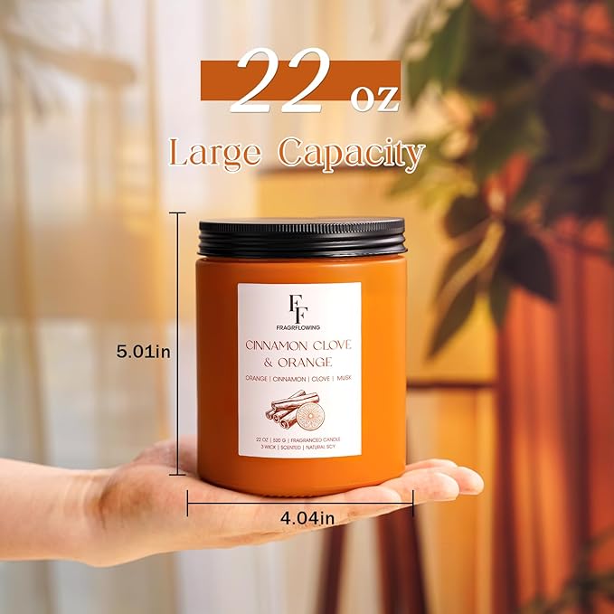 Large Fall Candle Cinnamon Clove Scented, 3-Wick 22oz Long Lasting Scented Candle, Natural Soy Wax Aromatherapy Candle for Home, Autumn Candle Gifts for Women Men - Bloomnest
