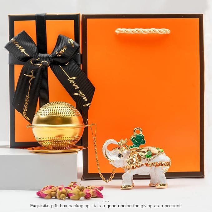 Stainless Steel Metal Tea Ball, 1.37-inch Tea Strainer, Crystal Diamond Elephant Tea Infuser for Loose Leaf Tea Festival Gifting and Personal Use, Gift Box Packaging（White）