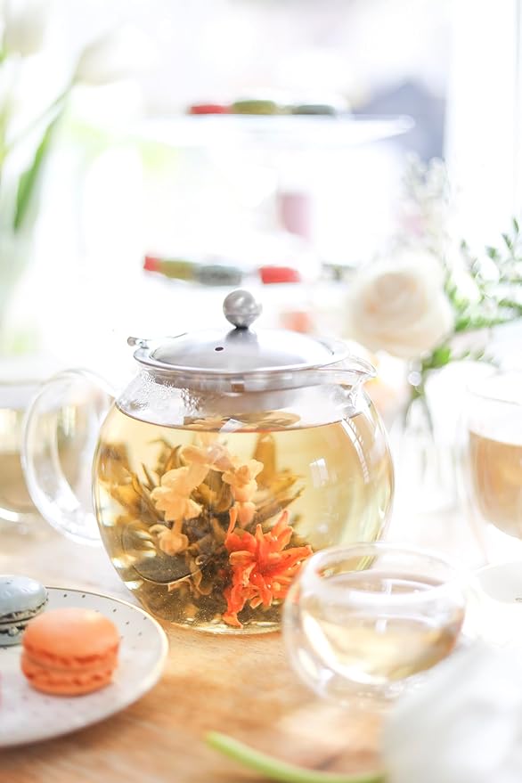 Teabloom Stovetop Safe Glass Teapot with Removable Infuser (40oz/1200ml) and Four Double Walled Glass Cups (5oz/150ml) - Classica Tea Set - Bloomnest