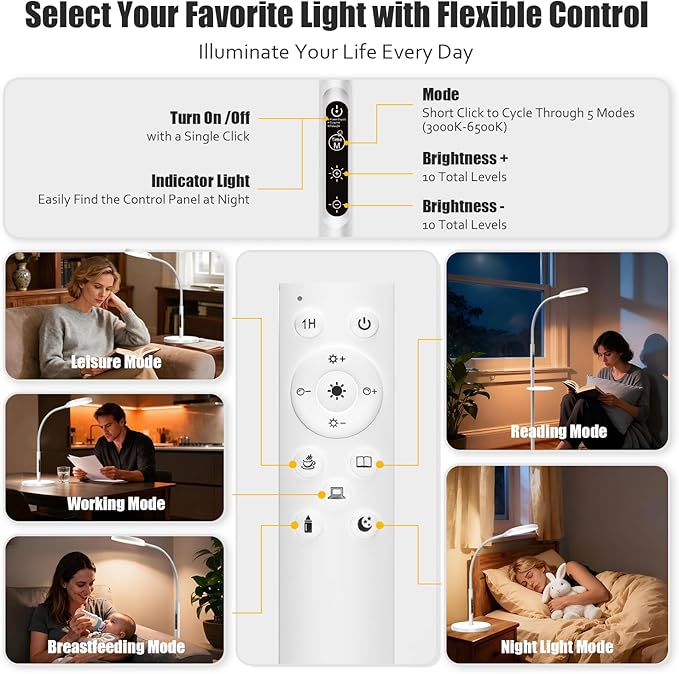 Light Therapy Lamp, 3-in-1 Floor Lamp 11000 Lux, Sunlight Lamp with Remote & Timer, LED UV-Free Sun Lamp with Adjustable 10 Brightness & 5 Color Temperature for Living Room Bedroom Office, White - Bloomnest