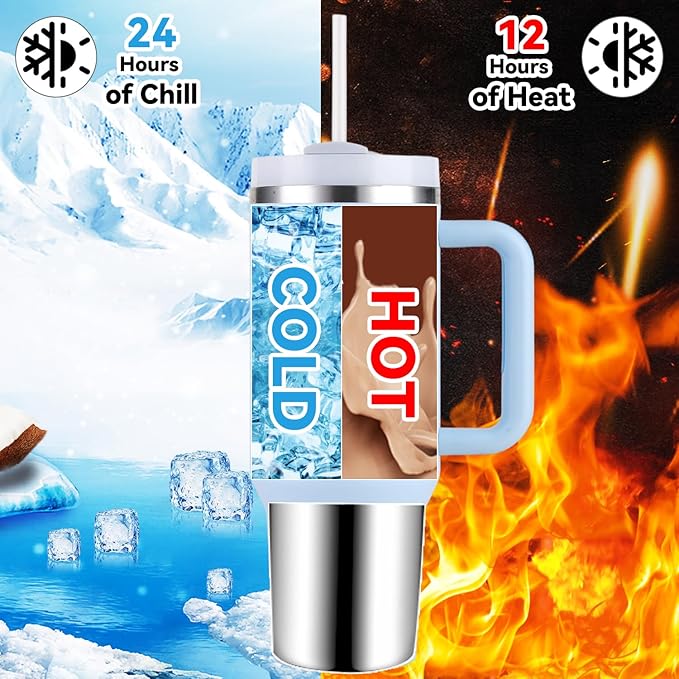 40 oz Tumbler Insulated Mug w/Straw & Flip Cap Lids - Cup Holder Bottle with 6 Accessories Set for Hot, Cold Drink - Leak-Proof - Water, Coffee Portable Travel Mug (Sky Blue) - Bloomnest
