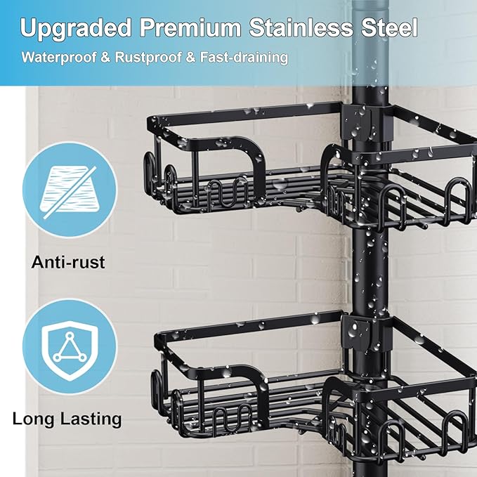 Corner Shower Caddy Tension Pole 4 Tier Adjustable Stainless Steel Shower Shelf for Inside Shower Bathtub Shampoo,Standing Bathroom Organizer Shelves with 39 to 113 inch Height - Bloomnest
