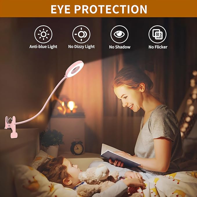 iZELL Desk Lamp, LED Reading Light with Clamp, 3 Color Modes & 10 Brightness Flexible Gooseneck Book Light for Kids Reading Book in Bed at Night Clip on Table, Computer, Zoom Meetings - 27.6‘’ Pink - Bloomnest