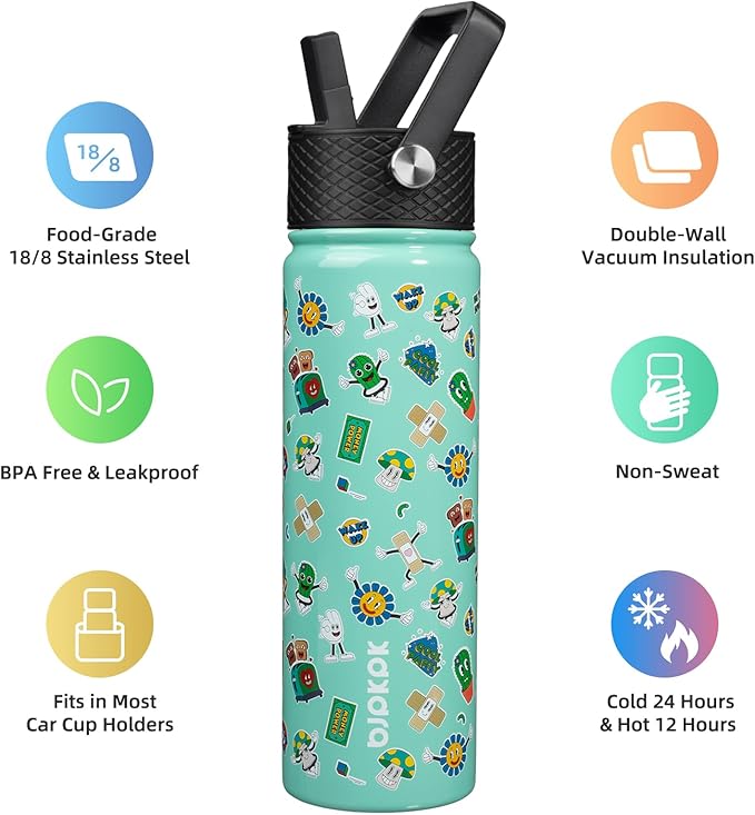 BJPKPK Insulated Water Bottle with Straw Lid, 22 oz Stainless Steel Metal Water Bottles, Reusable Leak Proof BPA Free Water Bottles, Cups, Thermo, Spring Party-Green - Bloomnest