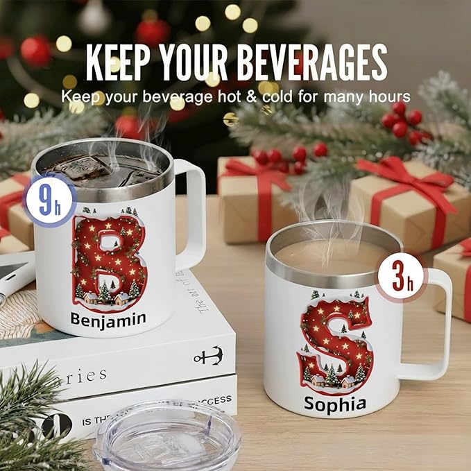 Personalized Christmas Mug | Custom Starry Night Village Initial Insulated Coffee Cup with Handle & Lid | 12oz Festive Red Holiday Tumbler, Unique Gift (B10) - Bloomnest