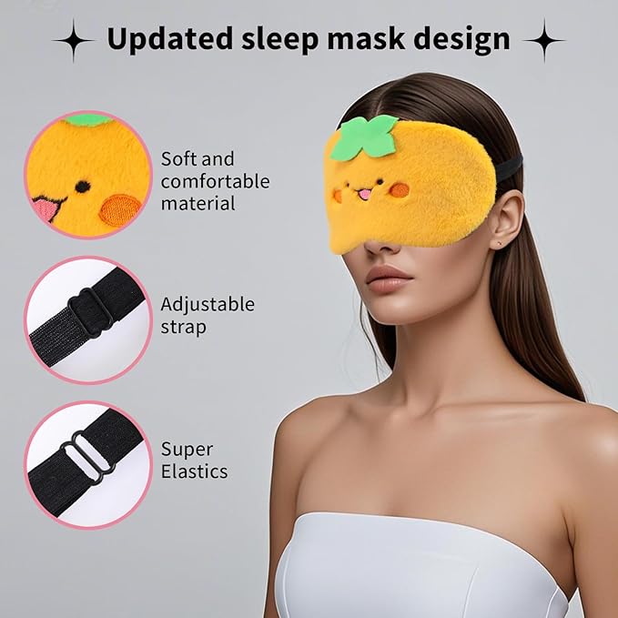 Cute Sleep Eye Masks for Kids, Kawaii Cartoon Kids Sleeping Mask for Women Boys Girls Teens, Soft Plush Adjustable Eyeshade Silk Travel Nap Eye Cover, Orange Persimmon - Bloomnest