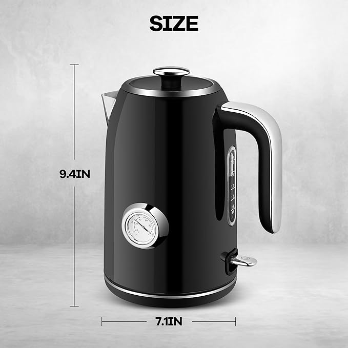 PUKOMC Electric Kettle, 1.7L Stainless Steel Tea Kettle with Temperature Gauge, 1500W Water Boiler with LED Light, BPA-Free, Auto Shut-Off and Boil-Dry Protection (Black) - Bloomnest