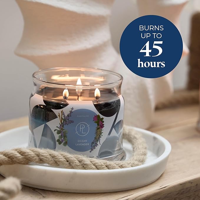 PartyLite Ocean Lavender Scented, Notes of Vanilla Sea Salt, Driftwood, Sea Moss, Patchouli & Eucalyptus, 13.2oz 3-Wick Jar Candle, 45 Hour Burn Time, Luxurious Fragrance, Ideal for Gifting - Bloomnest