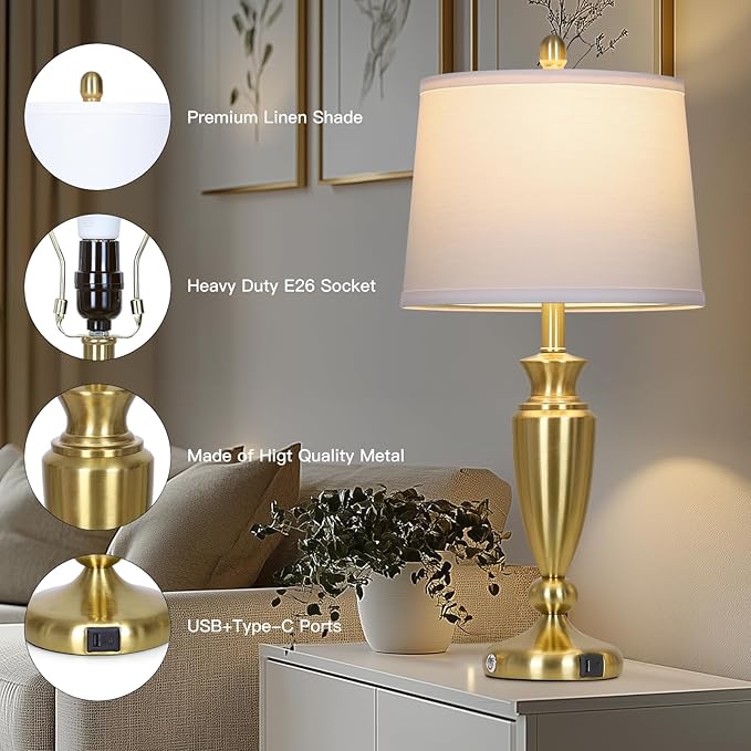 27" Gold Table Lamp Single, Touch Control Modern Bedroom Lamp with USB A+C Ports, 3-Way Metal Bedside Lamp, Elegant Brass Table Lamp for Night Stand Desk Side Table Office (Bulb Inclued) - Bloomnest