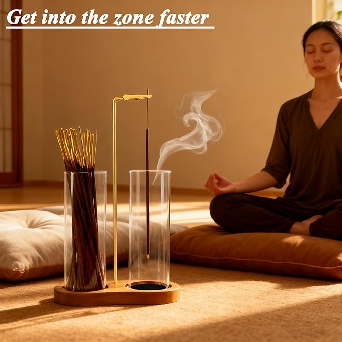 Glass Incense Holder, 2 in 1 Incense Holder for Sticks Incense Burner Holder with Storage & Sticky Pads, Anti-Ash Flying Incense Burne and Organizer Meditation Yoga Spa Room Decor - Bloomnest