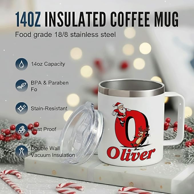 JugJug Personalized Christmas Mug with Initial & Name - Funny Falling Santa 12oz Insulated Coffee Cup w/Lid - Xmas Gifts for Kids, Girls, Family (B159) - Bloomnest