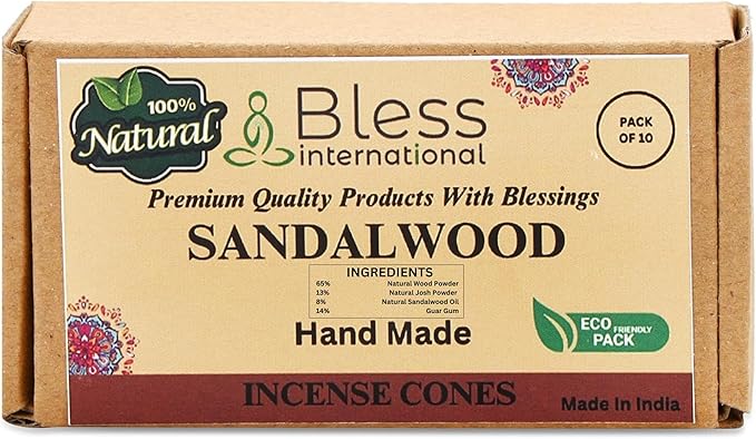 Bless International Sandalwood 100%-Natural-Incense-Cones Handmade-Hand-Dipped Organic-Chemicals-Free for-Purification-Relaxation-Positivity-Yoga-Meditation The-Best-scents (10 Count) BlessInternational