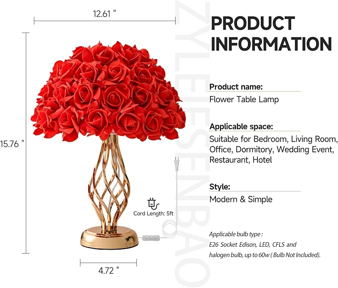 Red Rose Flowers Lamp Artificial Flower Table Lamp Bouquet Desk Lamp Romantic Princess Nightstand Petal Light for Valentines Mother's Day Bedside Lamp Wedding Deco Party Home Bedroom - Bloomnest