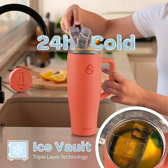 Hydracy 40oz Tumbler with Lid and Straw Stainless Steel Insulated Water Bottle with Handle, Reusable Leakproof Rotatable Lid for Left or Right Hand Use, Cupholder Friendly Rubber Base - Coral Crush - Bloomnest