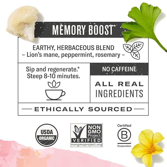 Numi Organic Damiana Focus Herbal Tea – 48 Herbal Tea Bags – Caffeine Free Blend with Damiana Ginkgo Lion’s Mane Hibiscus Mint & Licorice for Mental Clarity & Natural Energy - Bloomnest