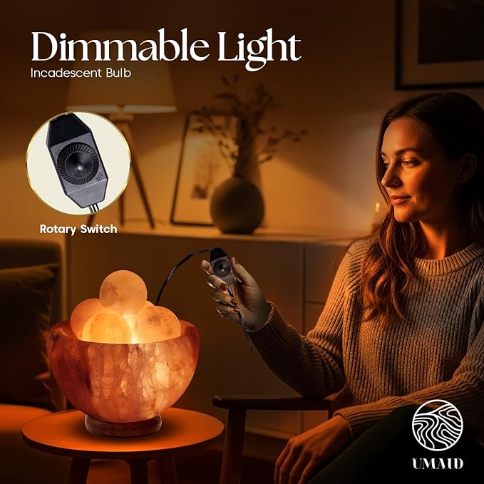 UMAID Himalayan Salt Lamp Bowl with 6 Massage Balls – Dimmable Natural Pink Rock Salt Lamp for Relaxation, Meditation,Yoga, Spa, Office, Bedroom, Wellness, Home Decor, and Unique Gift - Bloomnest