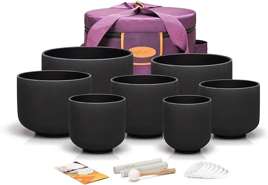 TOPFUND 6-14 inch Chakra Set of 7 Black Crystal Singing Bowls with Heavy Duty Carrying Case and Mallets - Bloomnest