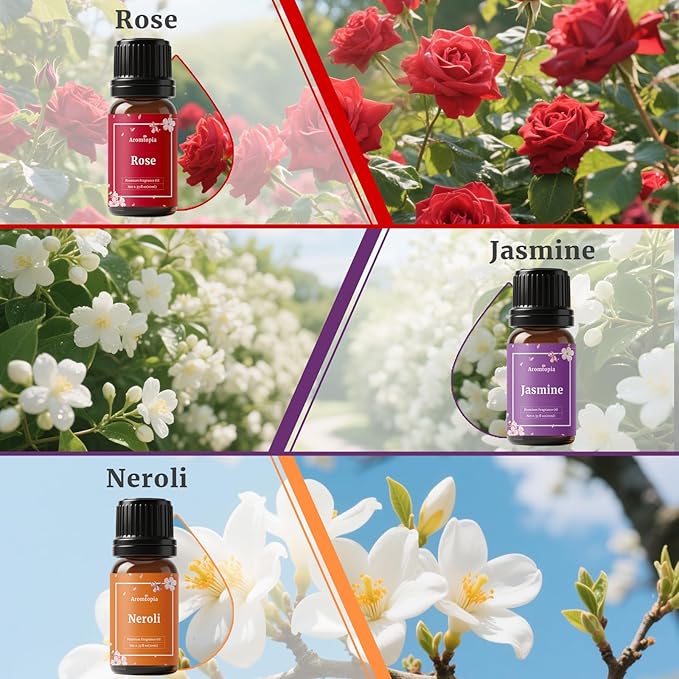 Floral Fragrance Oils, Aromtopia Flower Essential Oils for Diffusers for Home, 6x10ml, Fragrance Oil for Candle Soap Making, Lavender, Rose, Gardenia, Cherry Blossom, Jasmine, Neroli - Bloomnest