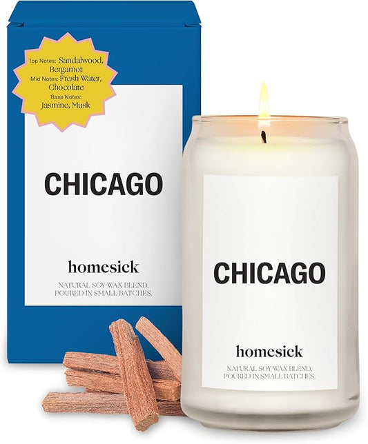 Homesick Scented Candles for Home (Chicago) - 13.75 oz Long-Lasting Soy Wax Jar Candle for Women & Men for All Occasions, 60-80 Hours Burn Time - Notes of Sandalwood & Bergamot - Bloomnest