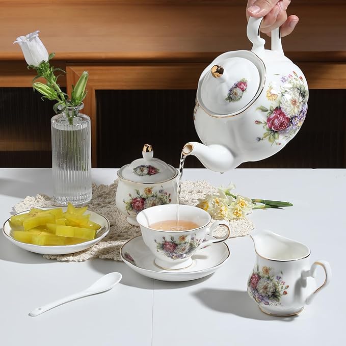 Sweejar Ceramic Teapot with Infuser, Floral Relief Gold Rimmed Teapot, 29 OZ Porcelain Tea Pot for Blooming and Loose Tea, Coffee...(Flower Style) - Bloomnest