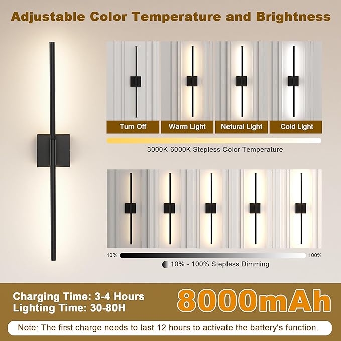 31.5 Inch Battery Operated Wall Sconce Set of Two, 8000mAh USB Rechargeable Wall Sconce with Remote Control, 360°Rotate Dimmable 3000K-6000K LED Wall Lights for Living Room, Hallway, Bedroom, Black - Bloomnest