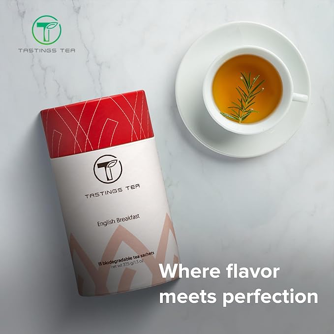 Tastings Tea English Breakfast Tea Bags - 15 Biodegradable Pyramid Sachets | Black Tea Blend with Assam & Nilgiri Flavor | Natural Caffeinated Tea - Bloomnest