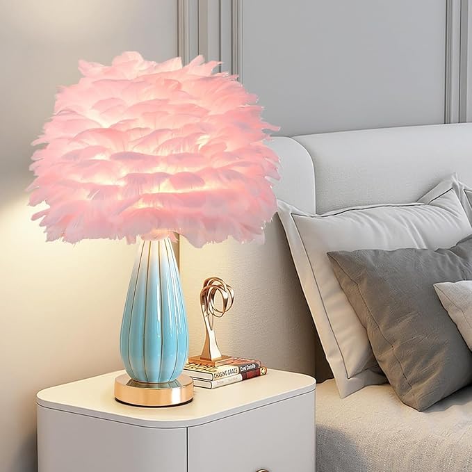 Pink Feather Table Lamp Creative Bedside Feather Lamp Simple Goose Furry Nightstand Light Fluffy Desk Lighting for Girl Bedroom Living Room Decoration Wedding Romantic Atmosphere - Bloomnest