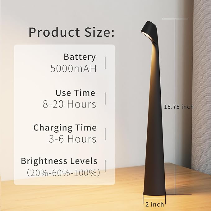 Portable Cordless LED Desk Lamp,Rechargeable Wireless Table Lamp, 3-Level Brightness, Patio Table Lamp, Bedside Night Light, Dining Room Ambient Light, Reading Light (Black) - Bloomnest