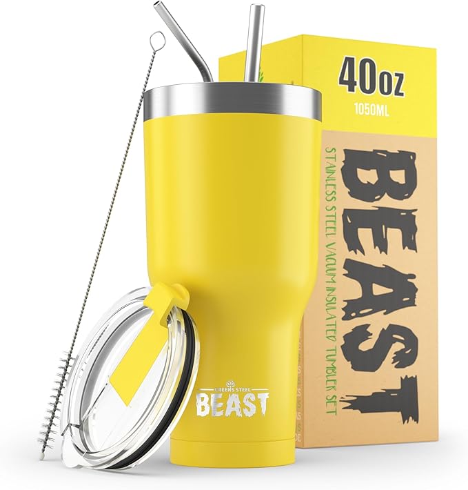 Beast 40 oz Tumbler Stainless Steel Vacuum Insulated Coffee Ice Cup Double Wall Travel Flask (Lemon) - Bloomnest