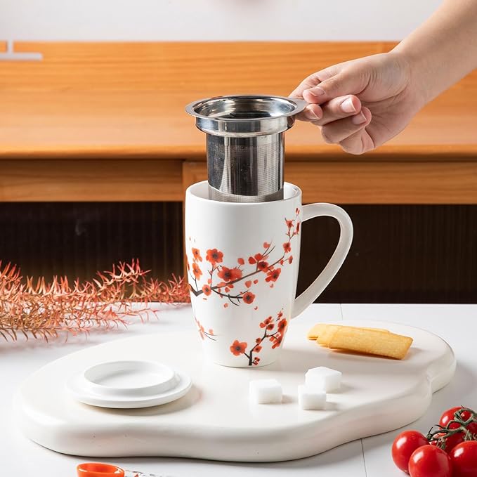 Sweejar Porcelain Tea Mug with Infuser and Lid,Teaware with Filter, Loose Leaf Tea Cup Steeper Maker, 16 Fl Oz for Tea/Coffee/Milk/Women/Office/Home/Gift (Plum Blossom) - Bloomnest