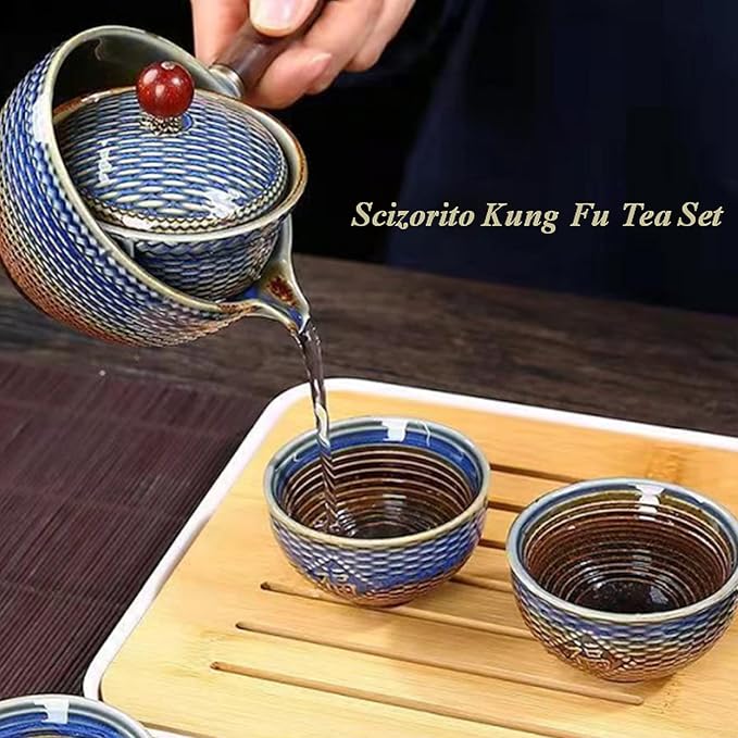 Ceramic Portable Travel Tea Set, Chinese Kungfu Tea Set with 360 Rotation Teapot and Infuser, 4 Tea Cups, Tea Tray And Travel Bag (Purple)