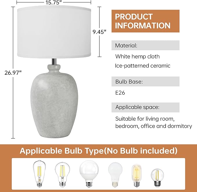 WJShome 27" Farmhouse Ceramic Table Lamp with Unique Ice Pattern Effect and White Linen Shade - Perfect for Bedroom, Living Room, Dining, and Office! (Bulb Not Included) - Bloomnest