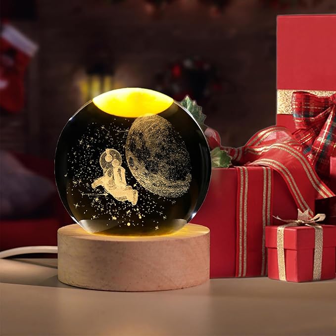 Astronaut Crystal Ball with LED Light Base, 60mm Glass Sphere Decorative Balls, Universe Space Galaxy Lamp Gifts - Bloomnest
