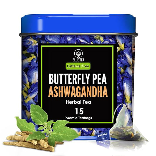 BLUE TEA - Butterfly Pea Flower Tea - Ashwagandha - 15 Count - Pyramid Plant Based Tea Bag | ANTIOXIDANT RICH | Caffeine Free - Flower Based - Detox Tea - Non-GMO | Reusable Tin Pack - Bloomnest