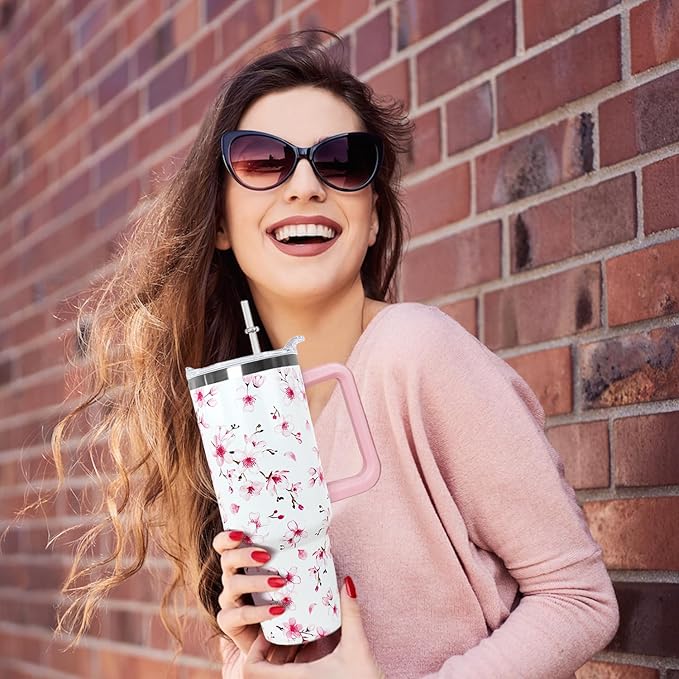 Ceovfoi 40oz Cherry Blossoms Insulated Stainless Steel Travel Tumbler with Handle, Lid and Straw, Pink Cherry Blossoms Floral Design, Perfect for Women, Adults, Home, Travel, Nursing - Bloomnest