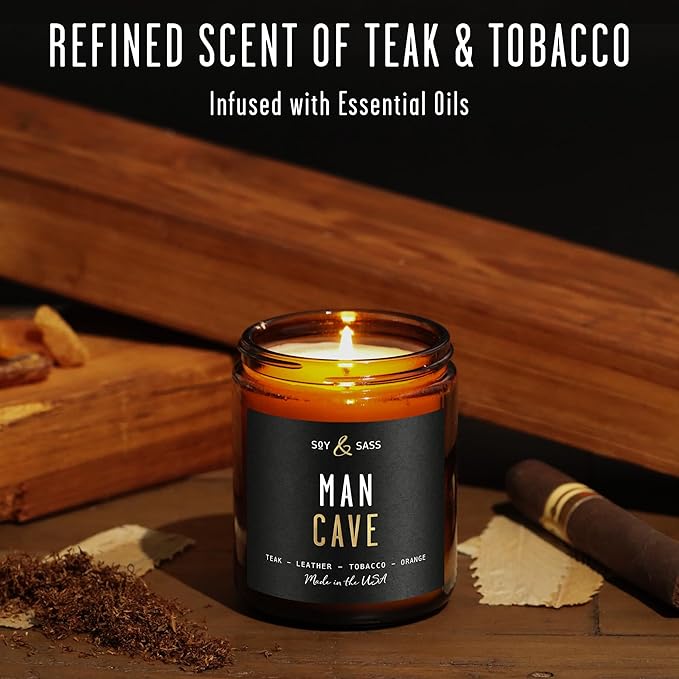 Man Cave Candle I Scented Black Candles for Men - Rich Teakwood & Tobacco Soy Wax Mens Candle - Infused w/Essential Oils | Masculine Manly Candles for Men I 50Hr Burn, 9oz I Non Toxic I Made in USA - Bloomnest