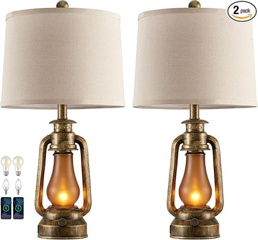 RORIANO 25" Set of 2 Rustic Lantern Table Lamps for Living Room Bedroom, 2 USB Ports Farmhouse Vintage Bedside Desk Lamp Nightlight for Entryway Office End Table, 4 Bulbs Included - Bloomnest