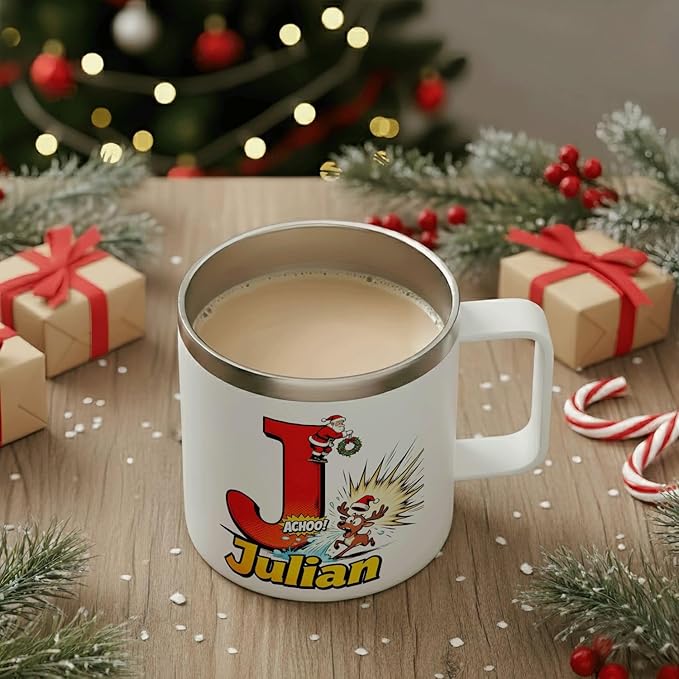 Personalized Christmas Mug with Name Initial - Funny Comic Santa & Sneezing Reindeer 12oz Insulated Stainless Steel Coffee Cup with Handle & Lid - Unique Xmas Holiday Gifts for Kids, Boys, Men (B153) - Bloomnest