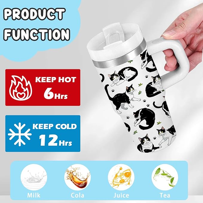 Cat Gifts for Kids - 14oz Cute Cow Cat Tumbler with Handle and Straw, Stainless Steel Insulated Water Cup, Leak Proof, for Sport, School, Travel - Cow Cats Lovers Children Birthday Gifts Cups(1pc) - Bloomnest
