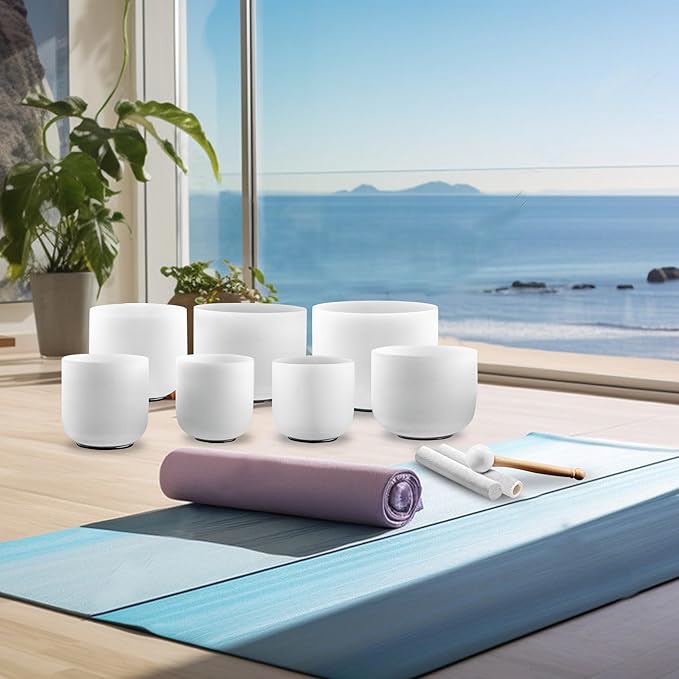 Ryan Dvan 432Hz 7-12 Inch 7 Chakra Crystal Singing Bowl Set Frosted Quartz Crystal Sound Therapy Kit with Suede Mallets 2 Travel Cases O-Ring Tool for Yoga Meditation Energy Balancing Reiki Healing - Bloomnest