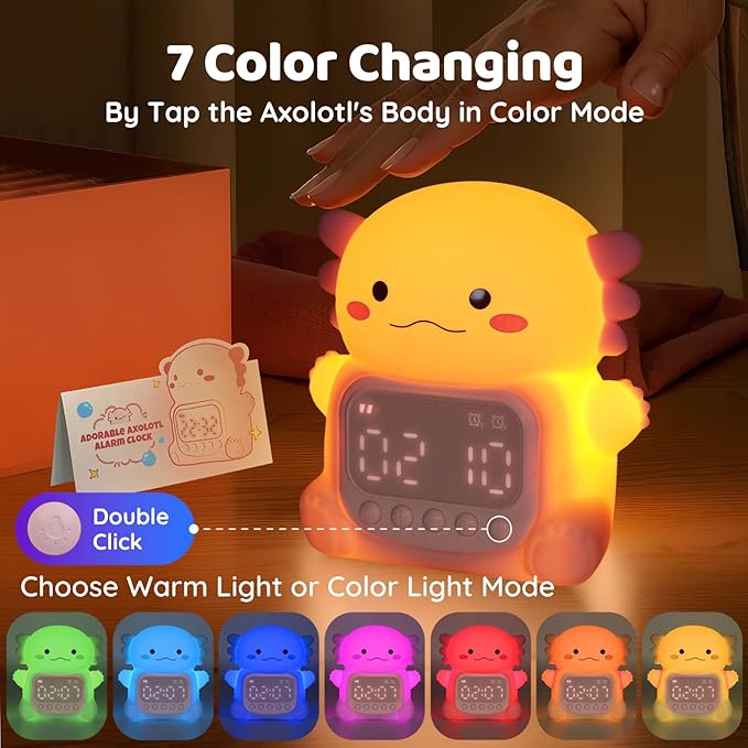 Axolotl Alarm Clock with Night Light for Kids, Rechargeable Silicone Lamp Time to Wake Clock，Cute Animal Tabletop Lamp, Perfect Sleep Companion for Boys Girls - Bloomnest