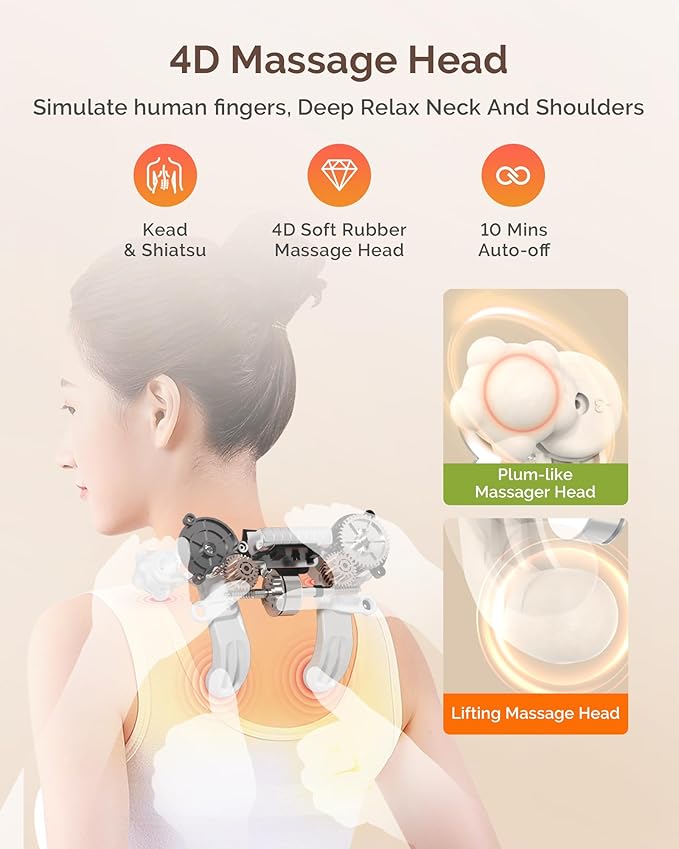 AIRSEE Shiatsu Neck Shoulder Massager with Heat, 200+ Min Battery, Cordless Neck Massager for Pain Relief Deep Tissue, Upgraded 4D Kneading Massage Pillow, 3 Modes 2 Heating Levels, for Women Men - Bloomnest